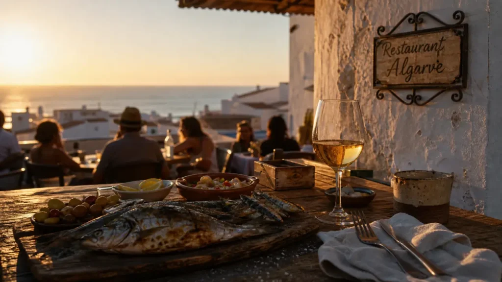 Algarve Portugal restaurant à Albufeira, terrasse au coucher du soleil, poissons grillés et vin