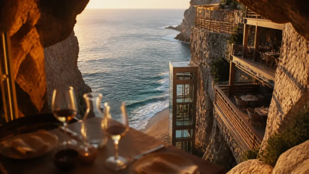 Caniço restaurant Algarve : terrasse falaise et ascenseur vitré vers la plage, coucher de soleil