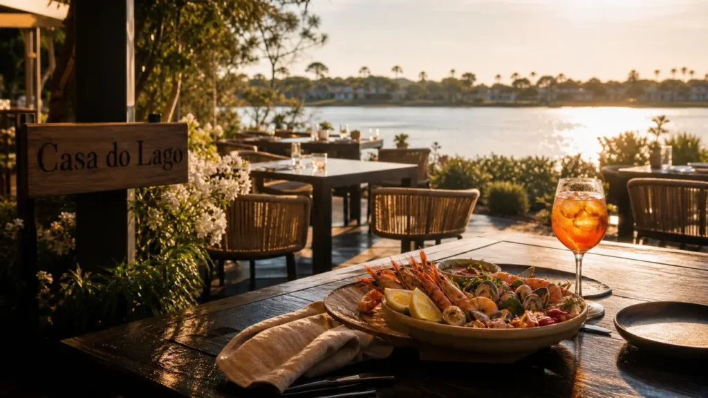 Casa do Lago restaurant algarve, terrasse au lac à Quinta do Lago avec fruits de mer