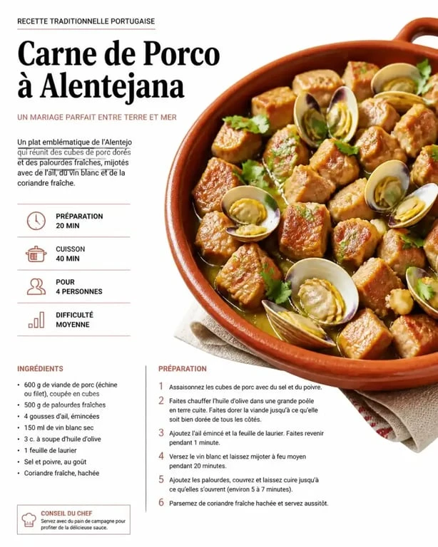 Plat traditionnel Carne de Porco à Alentejana, spécialité culinaire à déguster dans un restaurant à Querença en Algarve.