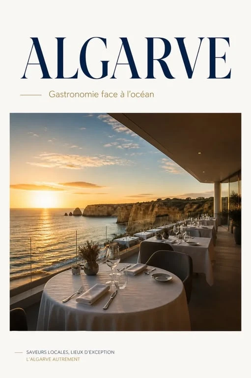 Restaurant gastronomique algarve avec terrasse élégante face à l’océan au coucher du soleil