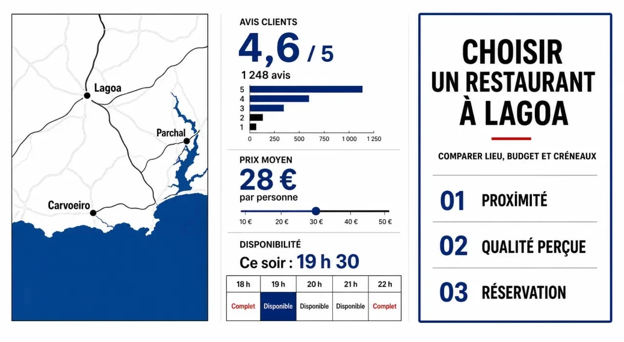 Restaurant lagoa algarve : comparaison visuelle des critères avis, prix et disponibilité à Lagoa, Carvoeiro et Parchal