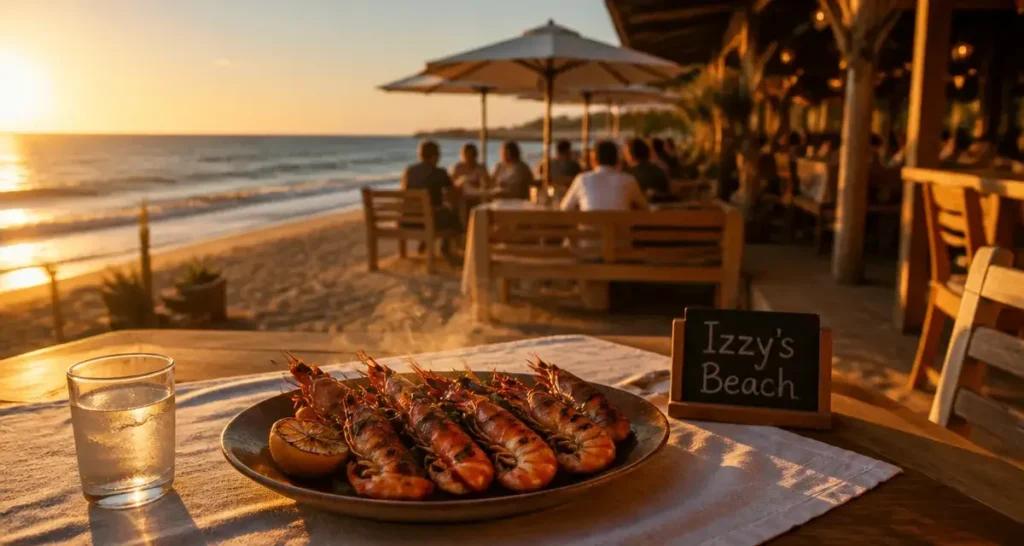 Izzy's restaurant algarve : crevettes grillées sur la plage de Garrão, vue Atlantique