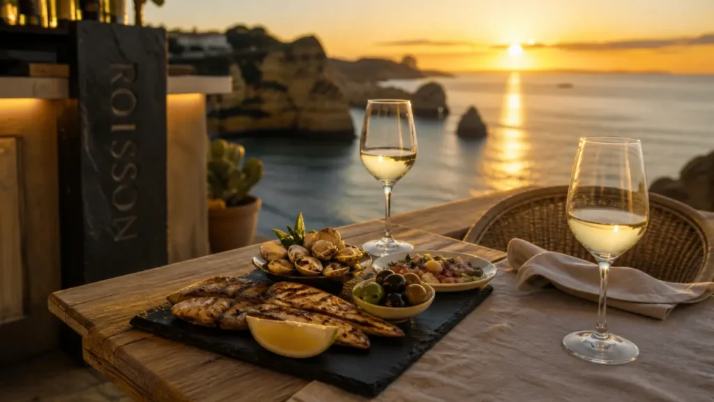 Meilleur restaurant Algarve à Lagos : table terrasse vue mer, fruits de mer et poisson grillé