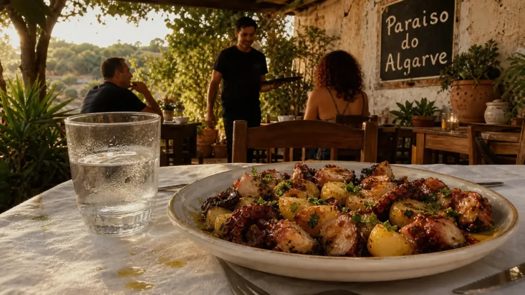 paraiso do algarve restaurant à Paderne : assiette de polvo à lagareiro et terrasse champêtre