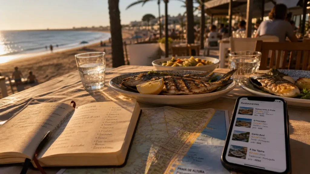 restaurant altura algarve : table plage, poisson grillé et mer