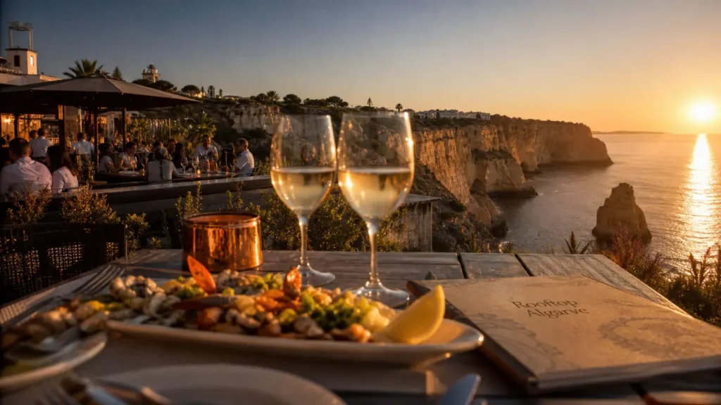 Restaurant insolite Algarve surplombant la mer, vue falaises