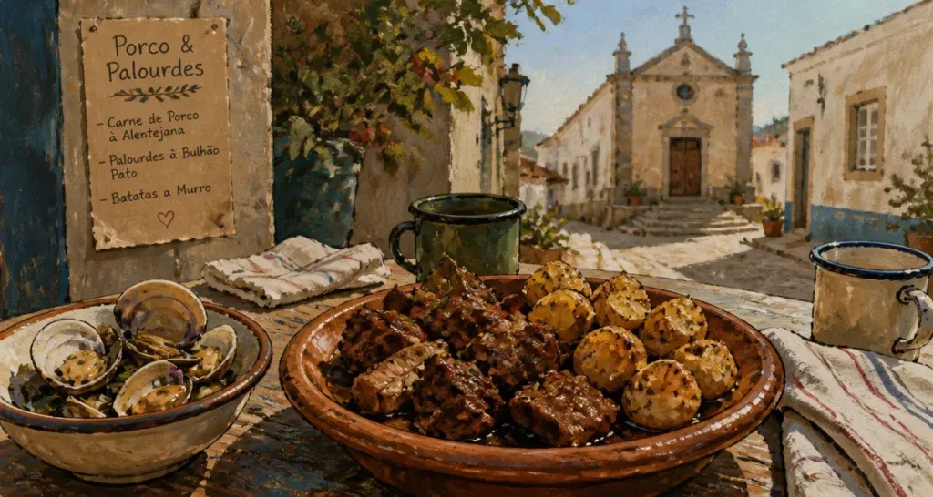 Restaurant querenca algarve : plat de porco à alentejana et palourdes en tascа