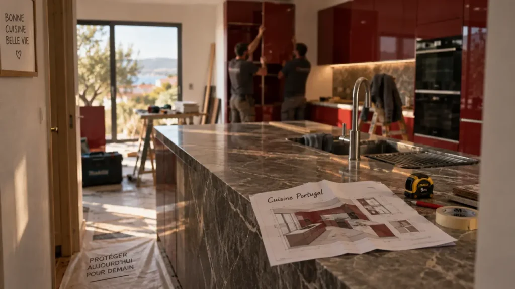 Cuisine portugal : plan de travail en pierre et éviers, pose en France