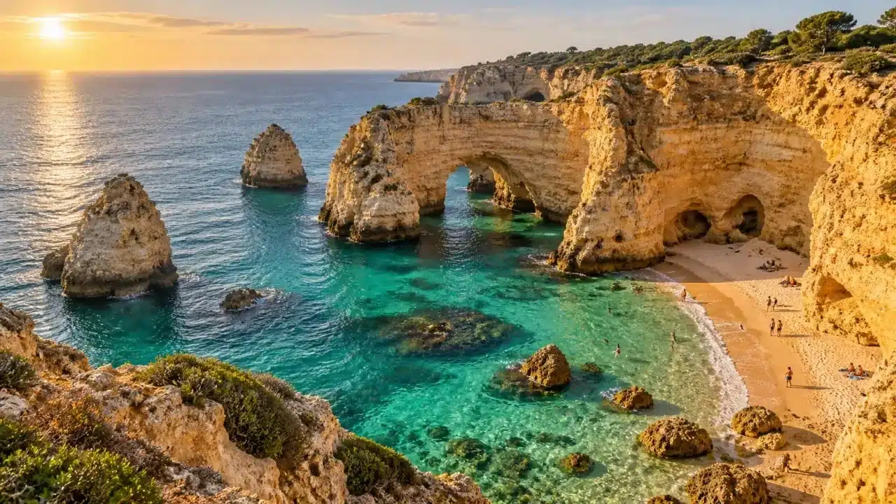 Mer au Portugal à Praia da Marinha, entre falaises dorées et eau turquoise