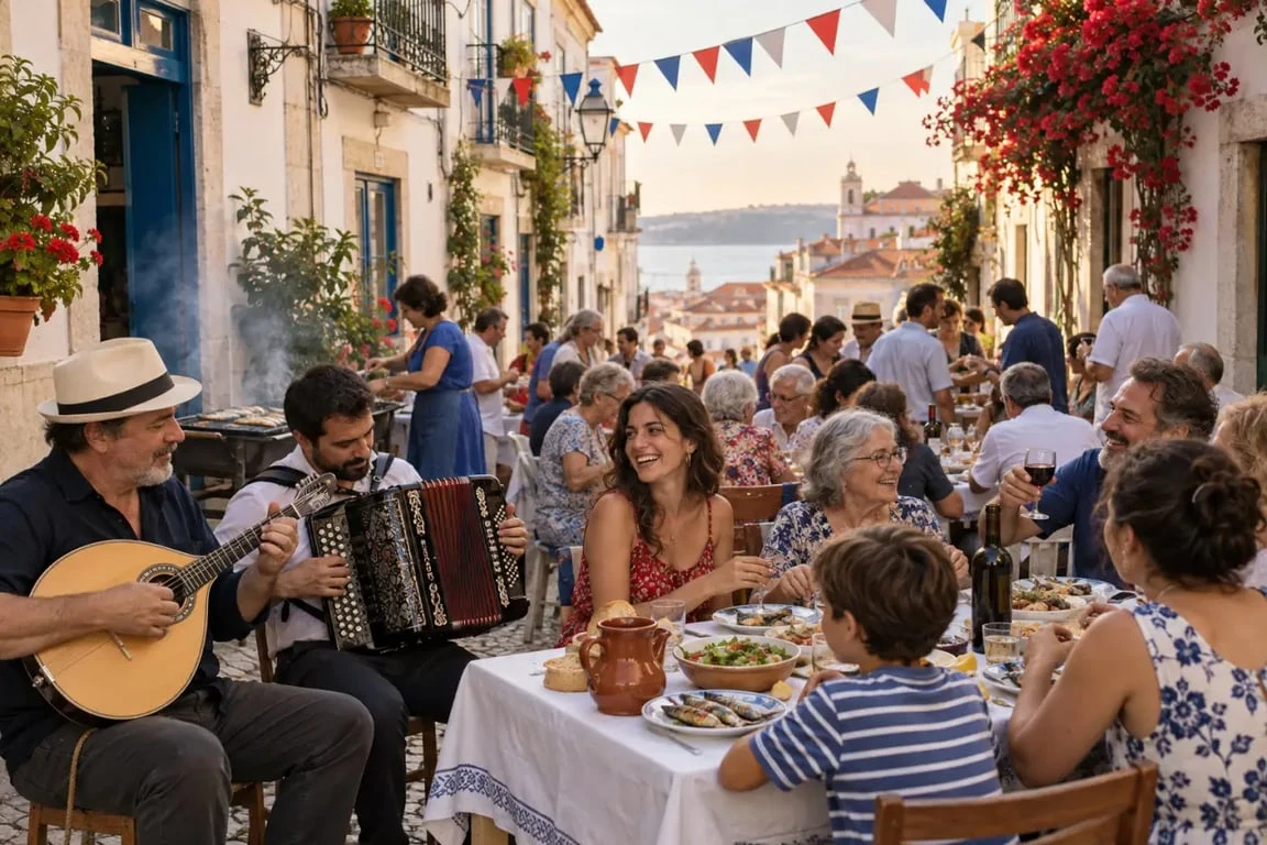Fête populaire illustrant la tradition portugaise dans une rue de quartier