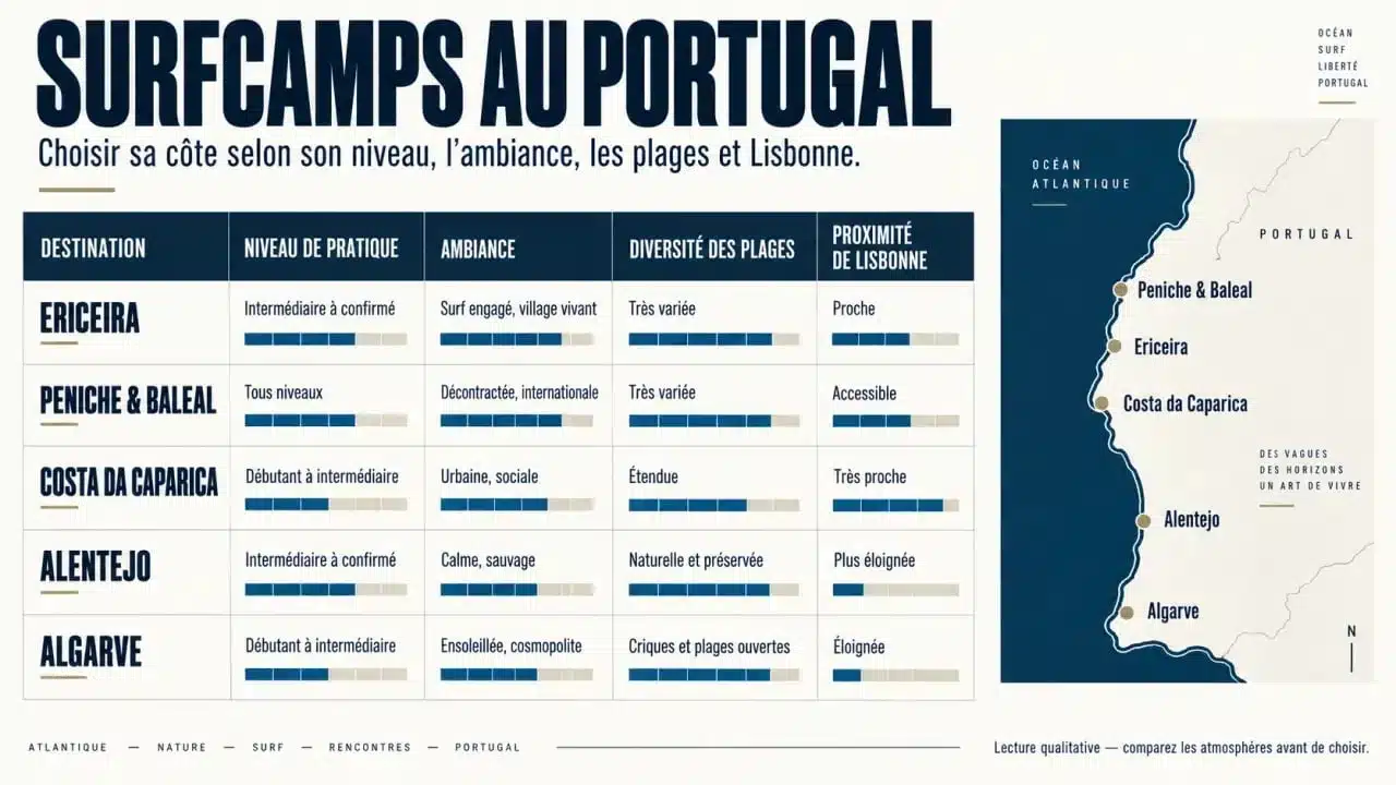Infographie des destinations de surfcamp Portugal et de leurs caractéristiques