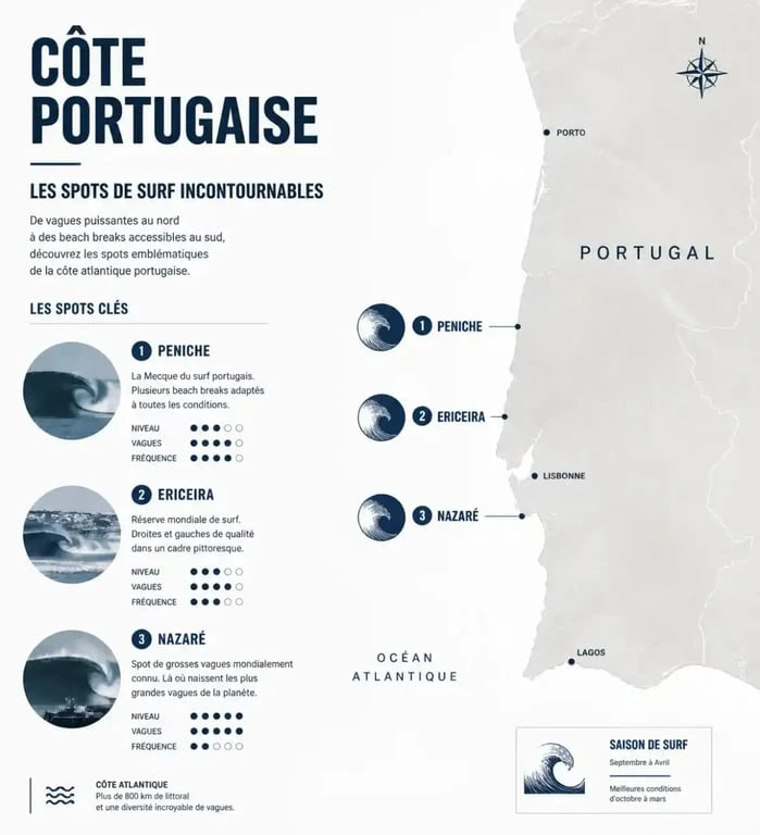 Carte des principaux spots de surf au Portugal