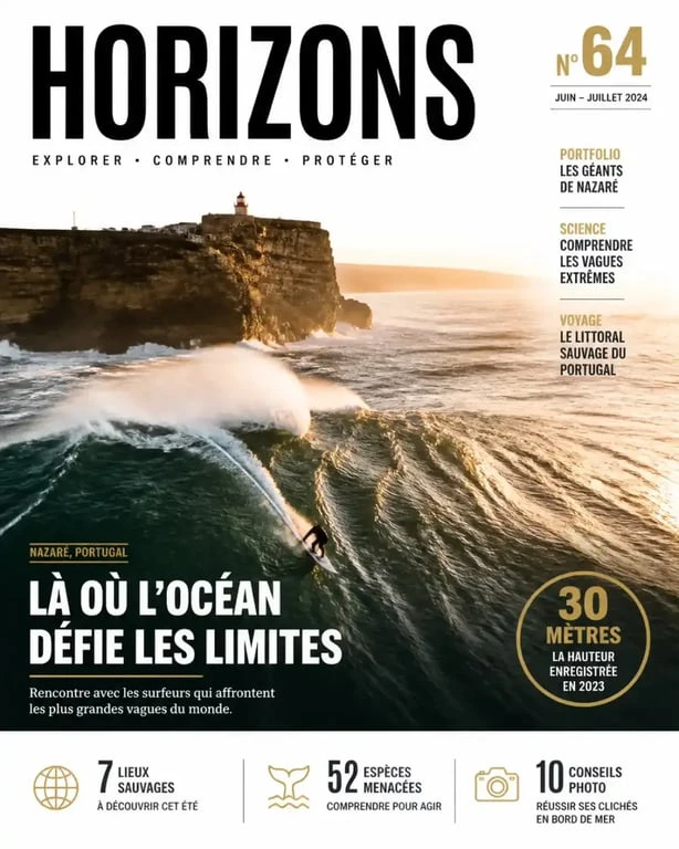 Surfeur sur une vague géante à Nazaré, spot de surf au Portugal