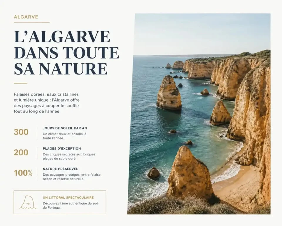 Paysage côtier et falaises d'ocre lors d'un circuit touristique en Algarve