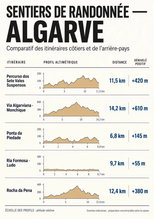 Comparatif des principaux itinéraires de randonnée en Algarve avec distance et dénivelé