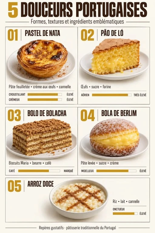 Infographie des spécialités de la pâtisserie Portugal, du pastel de nata au bolo de bolacha
