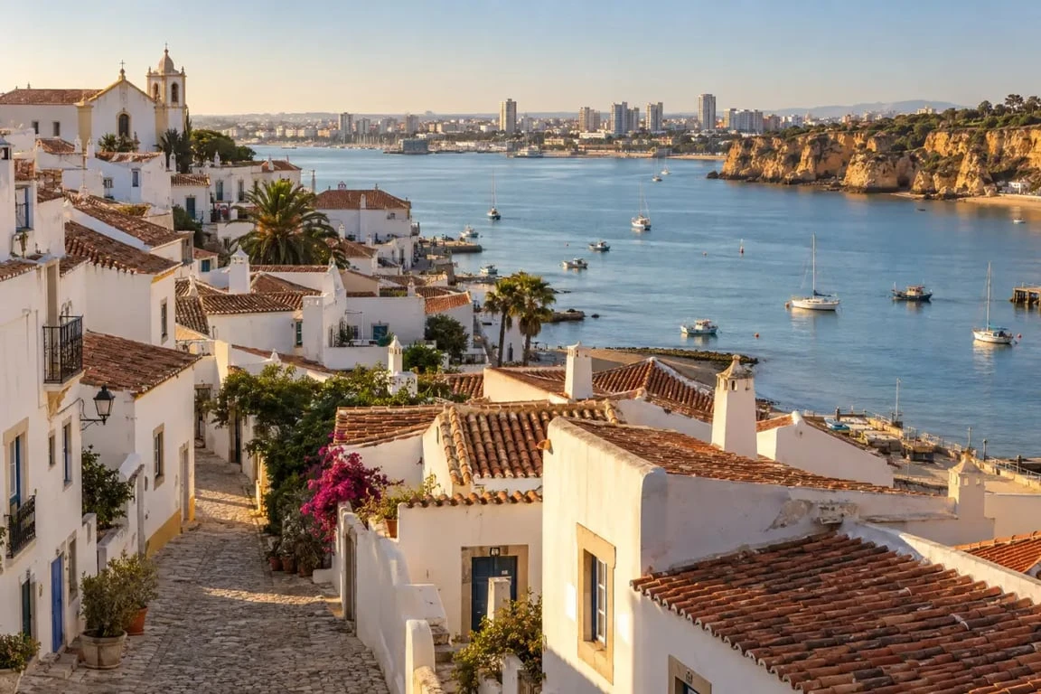 Ferragudo au Portugal avec ses maisons blanches, l’estuaire de l’Arade et les falaises de l’Algarve