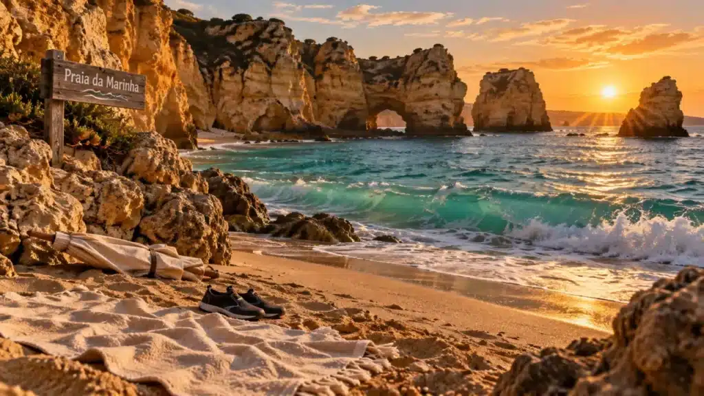 Mer au Portugal à Praia da Marinha : eau turquoise et rochers calcaires