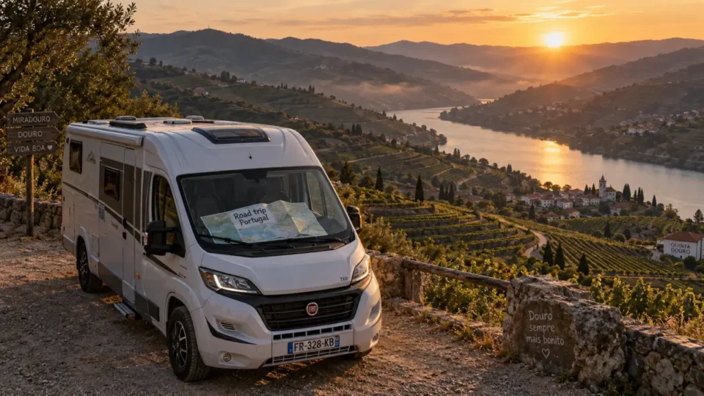 Portugal en camping car : camping-car au Douro, vue vignes en terrasses