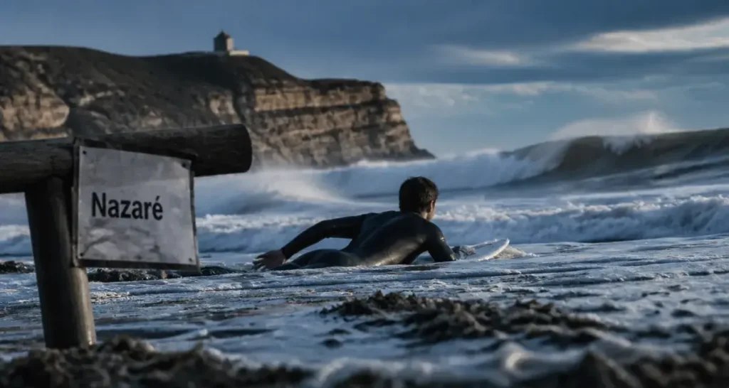 Surf Portugal spot à Nazaré : surfeur sur vague puissante