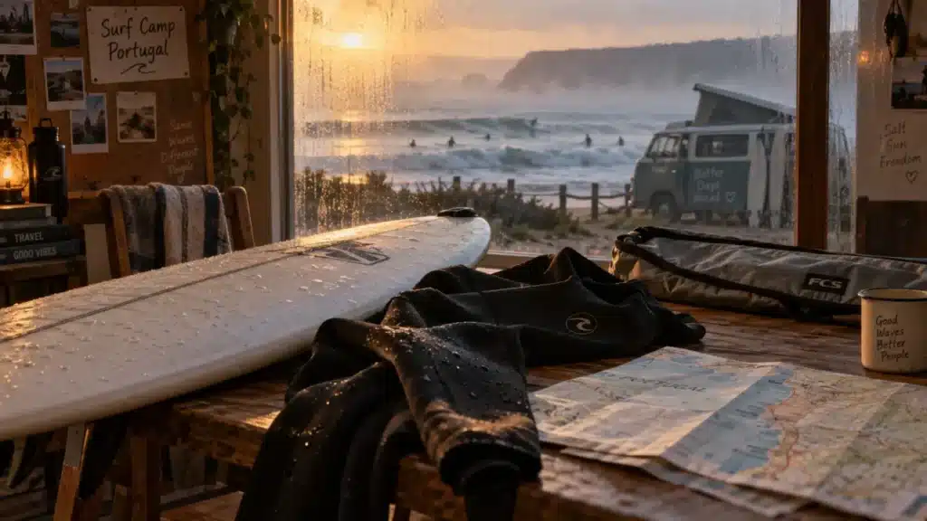 Surfcamp Portugal à Ericeira : planche et combinaison près de l’Atlantique