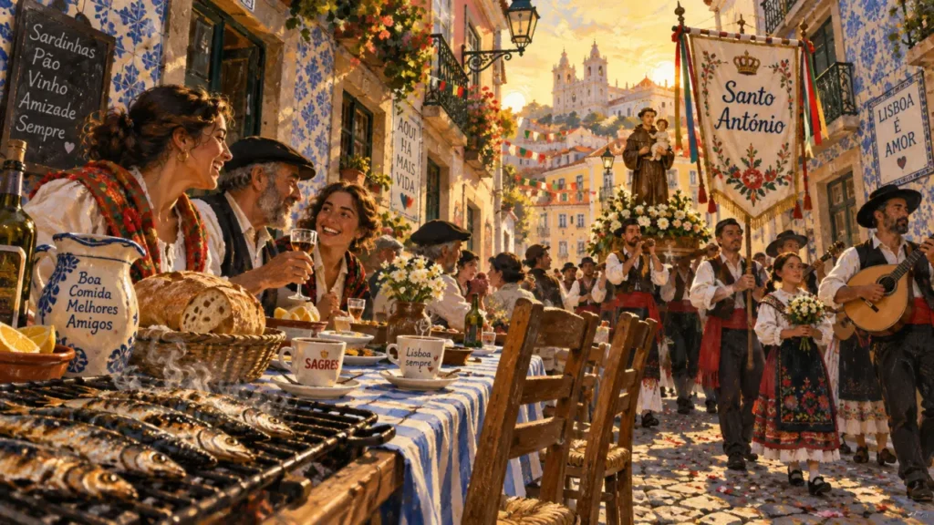 Tradition portugaise à Lisbonne : sardines grillées et table de fête dans la rue
