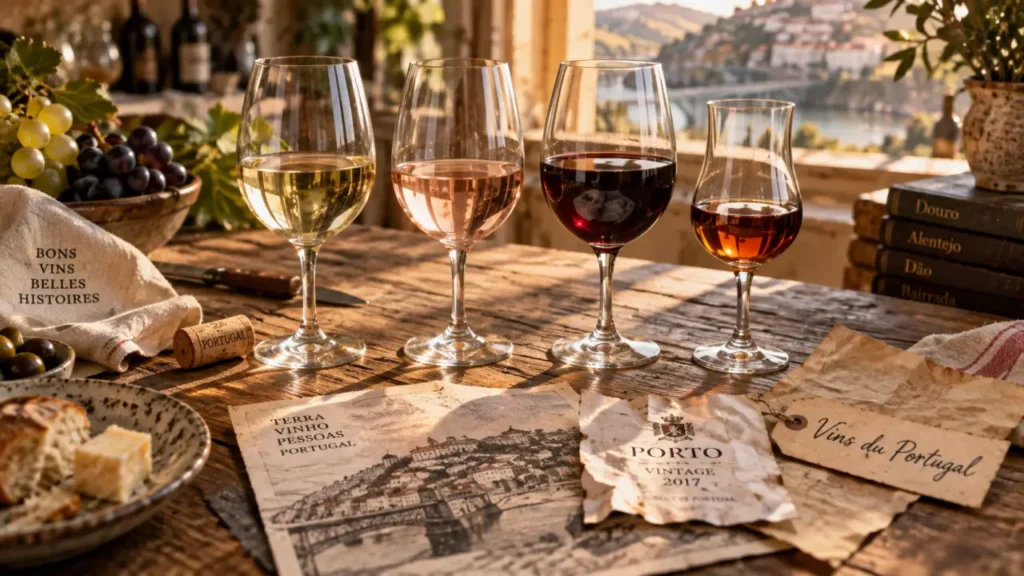 Vins du portugal : verres de dégustation blanc, rosé, rouge et porto