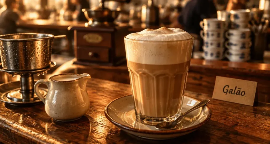 Café portugais : galão avec mousse, comptoir en café traditionnel