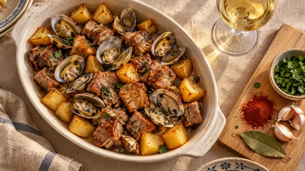 Carne de porco à alentejana : porc doré, palourdes et pommes de terre}}