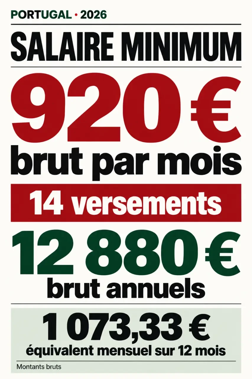 SMIC Portugal 2026 : 920 euros brut sur 14 versements et 1 073,33 euros annualisés