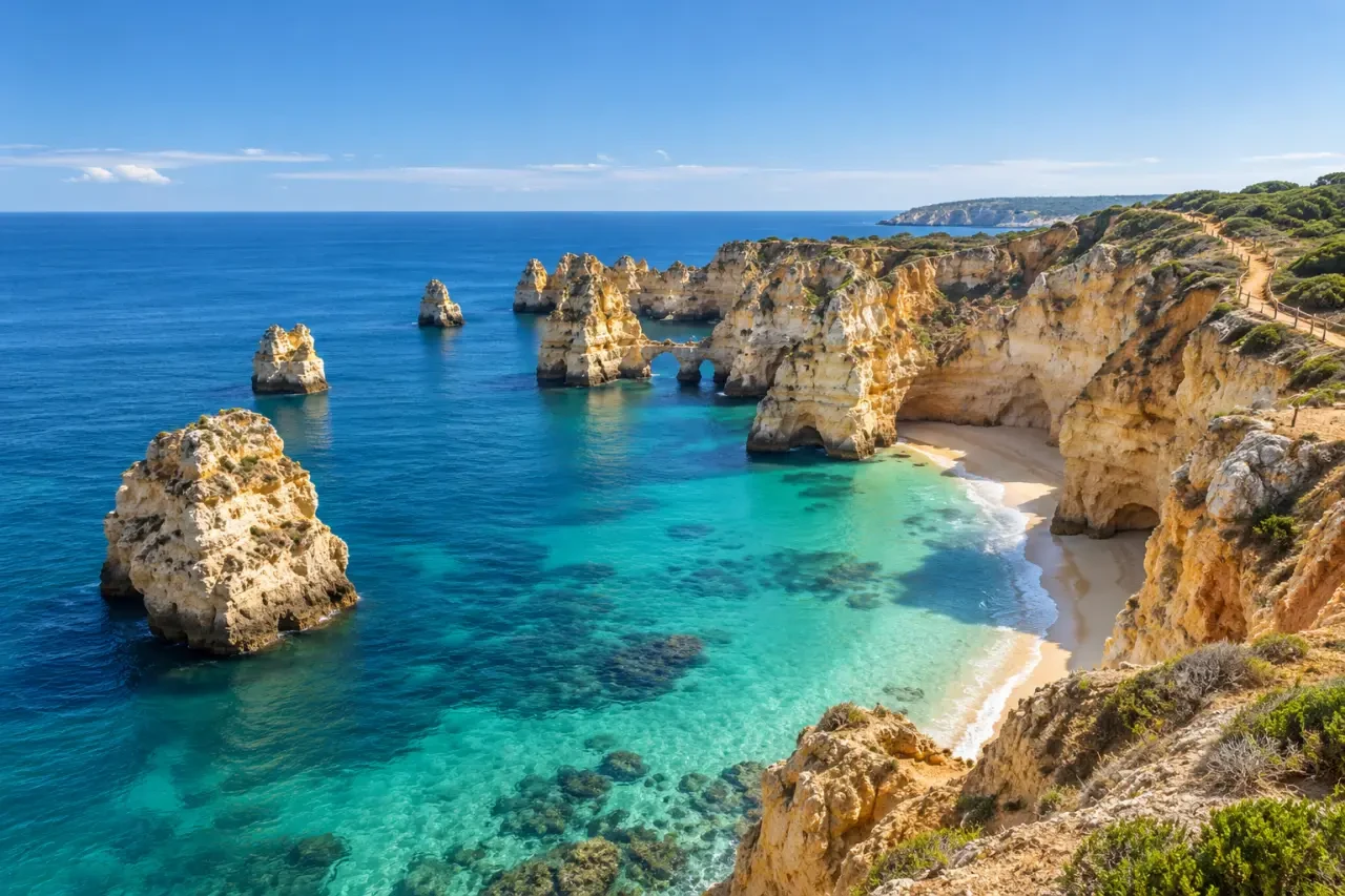Villes du Portugal : paysages côtiers et falaises de Lagos en Algarve