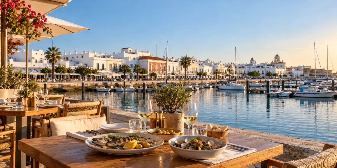 Ambiance de restaurant Olhao Algarve avec terrasses de fruits de mer près de la marina