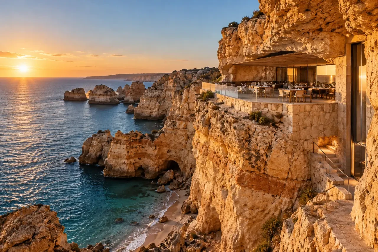 Restaurant grotte Algarve Caniço intégré dans la falaise à Alvor face à la mer