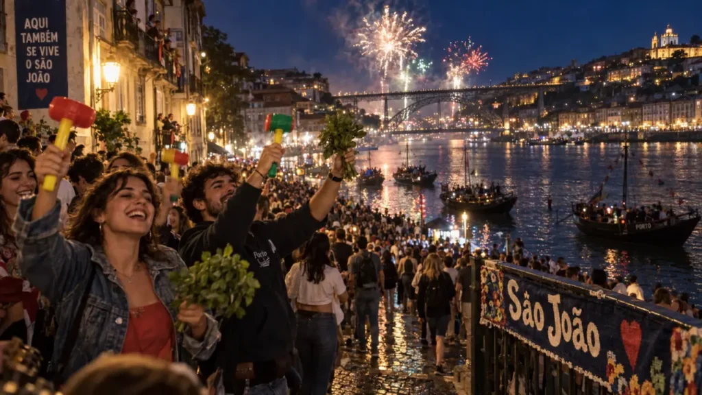 Fete au portugal à Porto : quai du Douro, feux de São João, foule