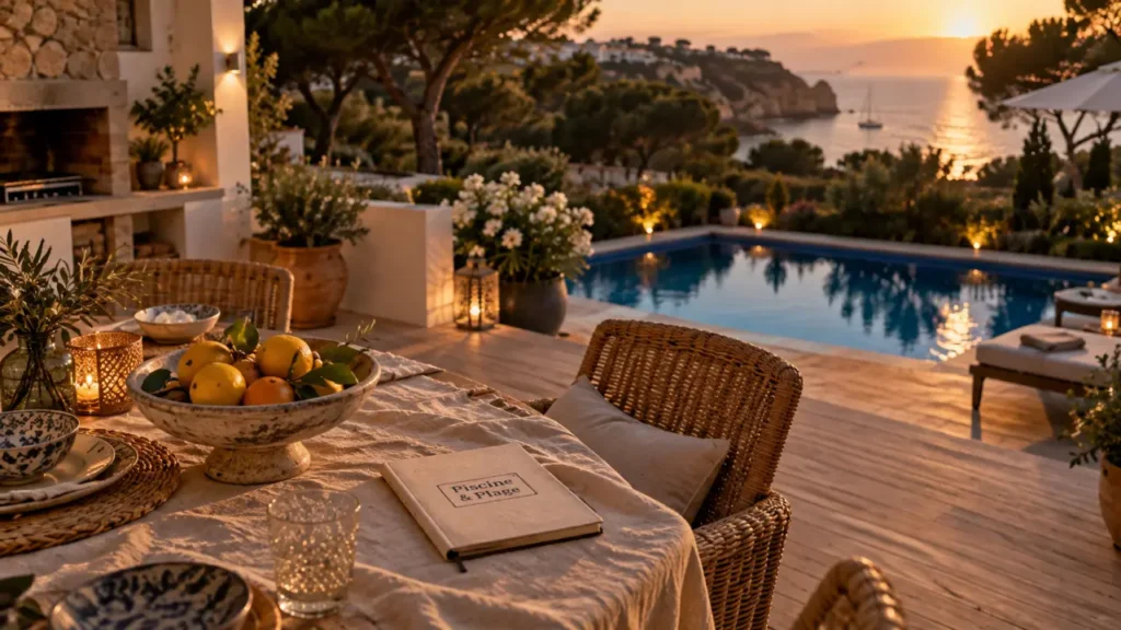 location vacances algarve : terrasse, piscine privée et vue mer partielle