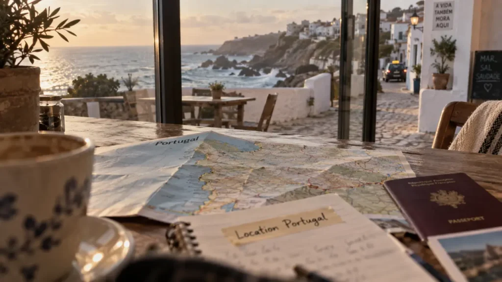 Location vacances Portugal : carte du pays et terrasse en bord de mer