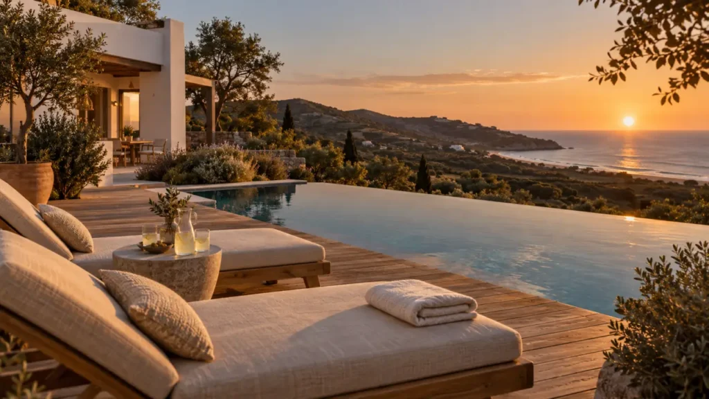 Location villa Portugal avec piscine : bassin à débordement, villa blanche