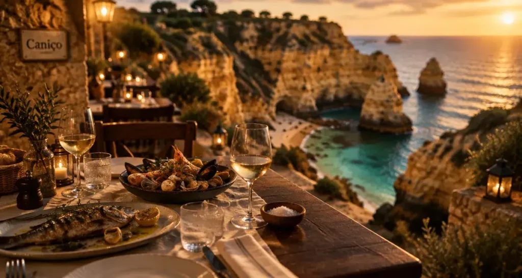 Restaurant grotte Algarve à Caniço : table vue mer dans la falaise
