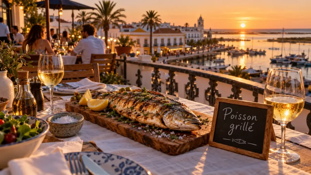 Restaurant Olhão Algarve : poisson grillé, terrasse avec vue marina sur Ria Formosa