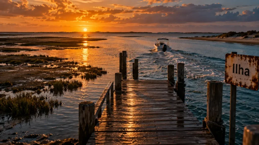ria formosa au golden hour : embarcadère et îles