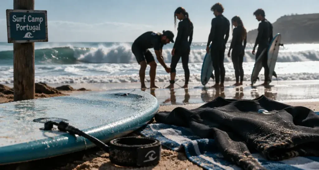 Surf Portugal : débutants au bord de l’eau, planches et leash, houle douce au Portugal