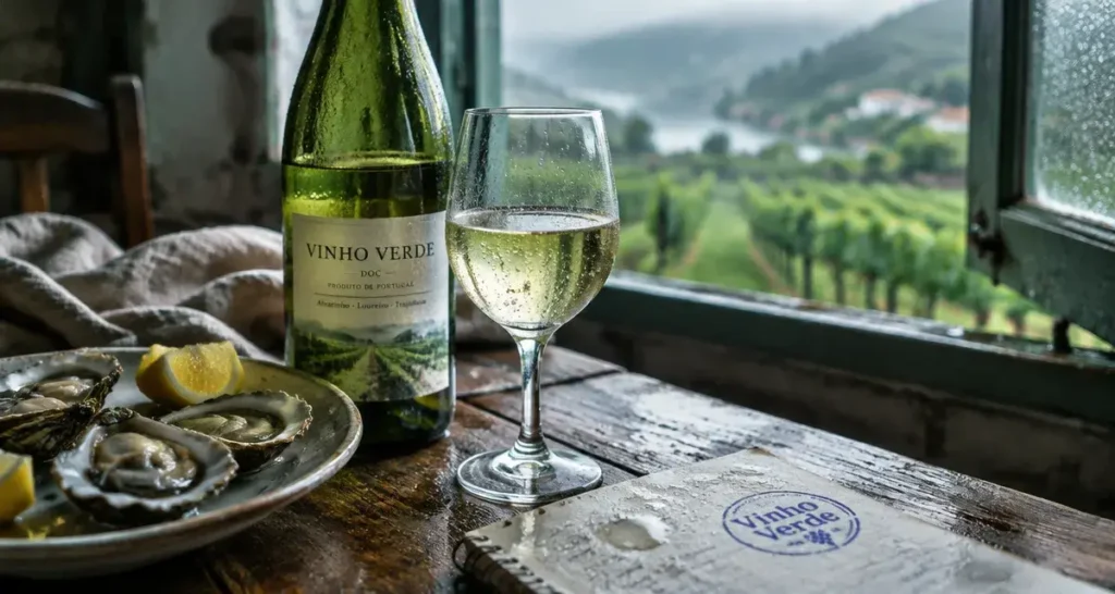 Bouteille de vinho verde frais et perlant avec verre et huîtres, Minho